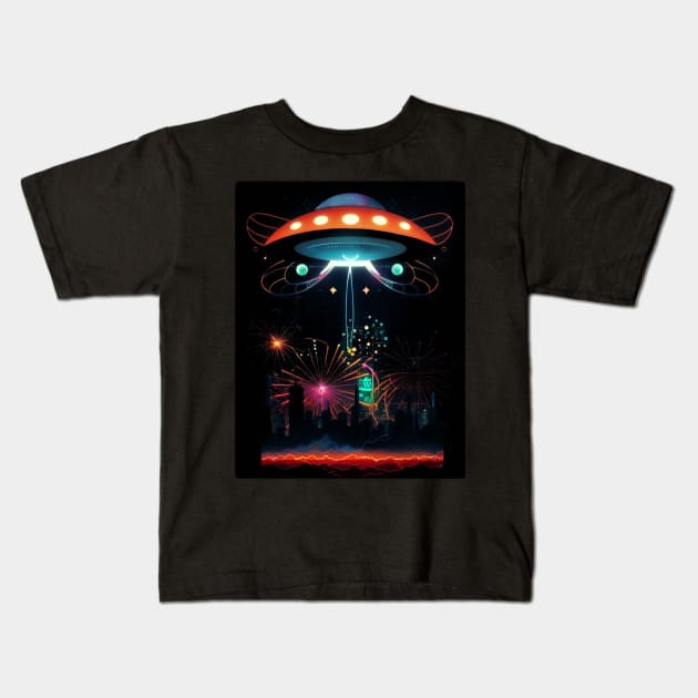 Flying Saucer Over The City UFOs Kids T-Shirt by RitaFari